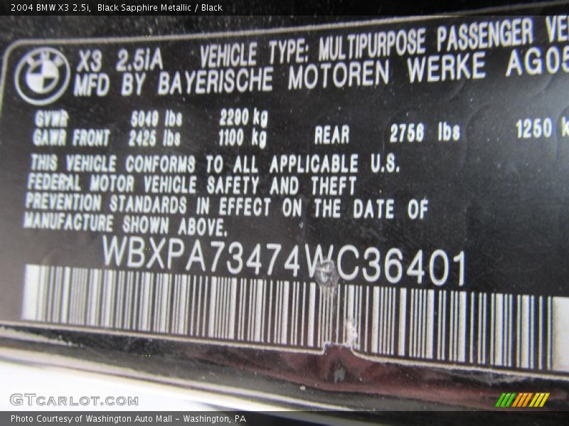 Black Sapphire Metallic / Black 2004 BMW X3 2.5i