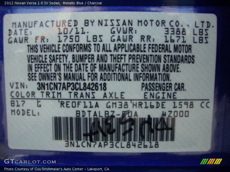 Metallic Blue / Charcoal 2012 Nissan Versa 1.6 SV Sedan