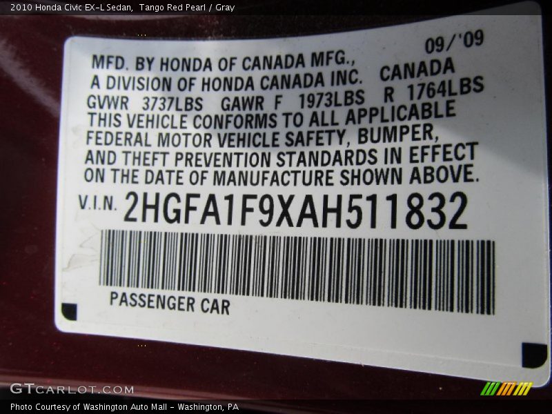 Tango Red Pearl / Gray 2010 Honda Civic EX-L Sedan