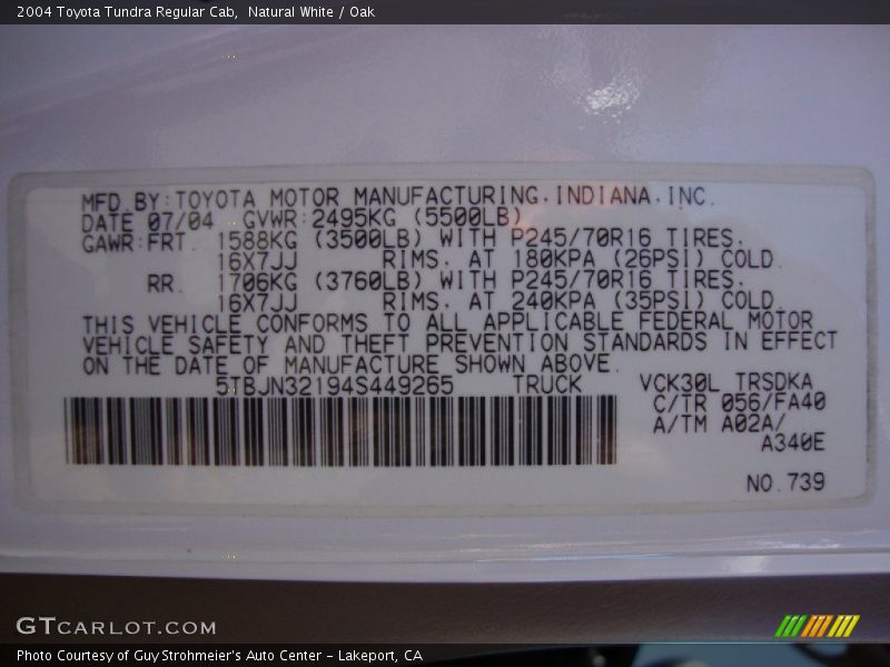 2004 Tundra Regular Cab Natural White Color Code 056