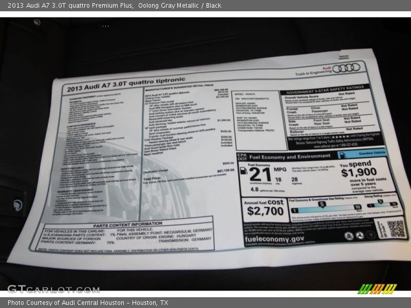 2013 A7 3.0T quattro Premium Plus Window Sticker