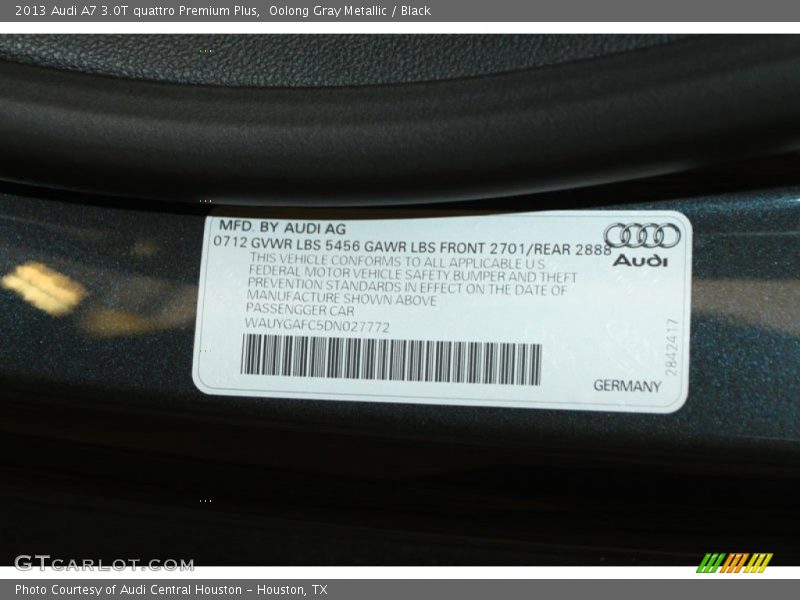 Info Tag of 2013 A7 3.0T quattro Premium Plus
