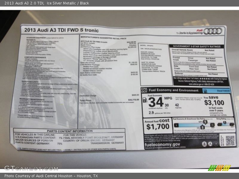  2013 A3 2.0 TDI Window Sticker