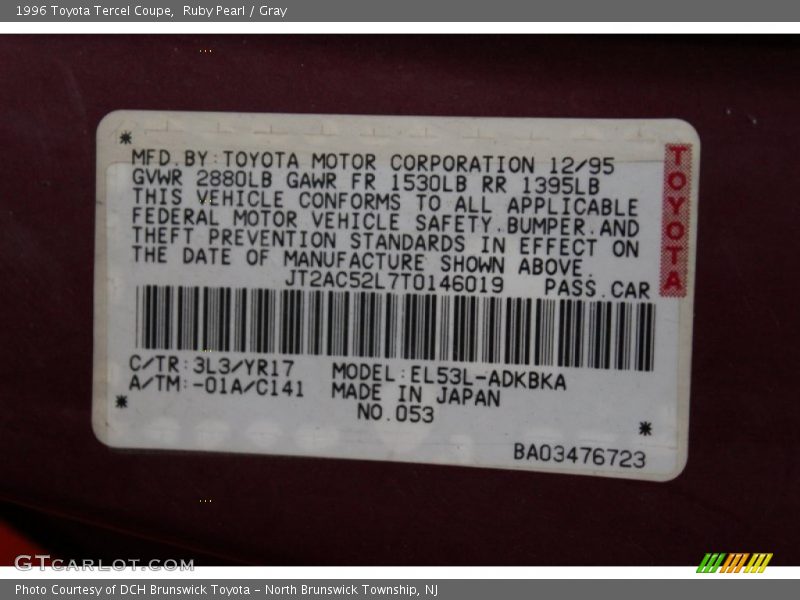 1996 Tercel Coupe Ruby Pearl Color Code 3L3