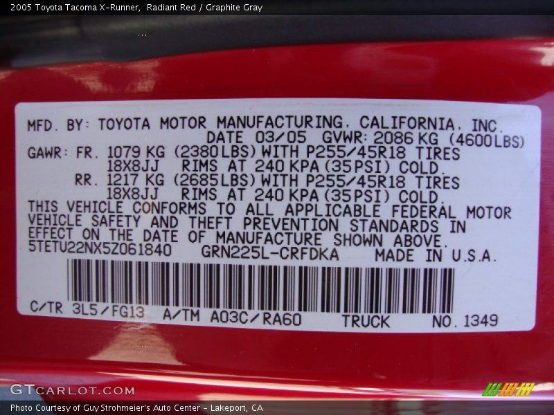 2005 Tacoma X-Runner Radiant Red Color Code 3L5