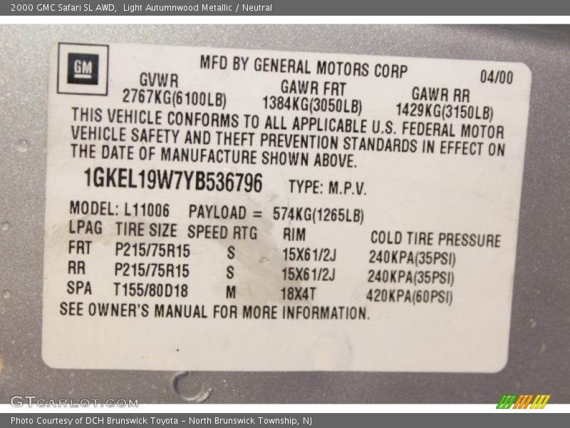 Info Tag of 2000 Safari SL AWD