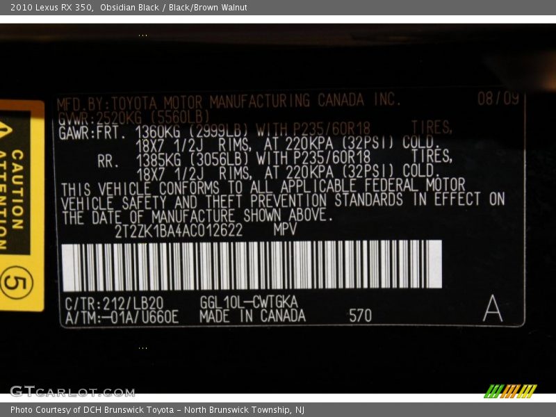 Obsidian Black / Black/Brown Walnut 2010 Lexus RX 350