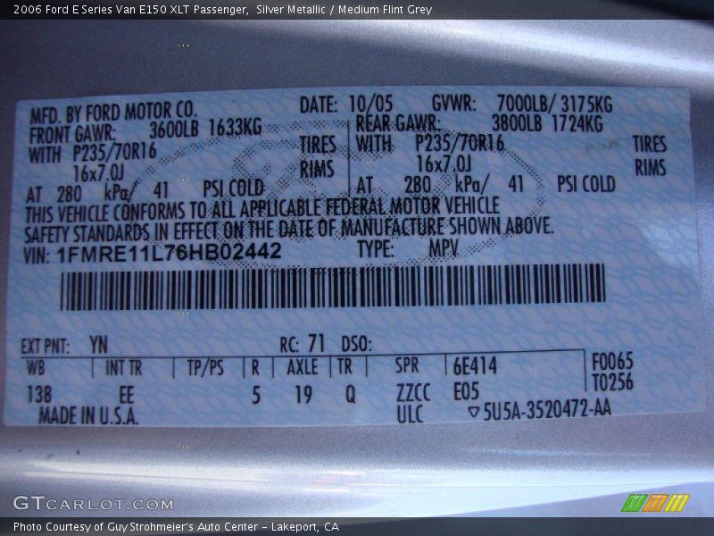 2006 E Series Van E150 XLT Passenger Silver Metallic Color Code YN