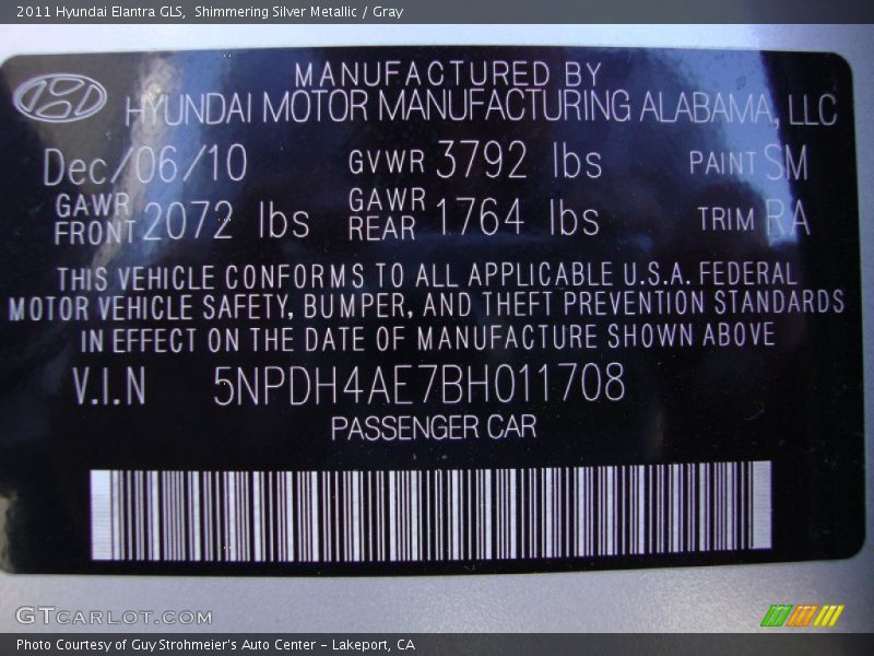 Shimmering Silver Metallic / Gray 2011 Hyundai Elantra GLS