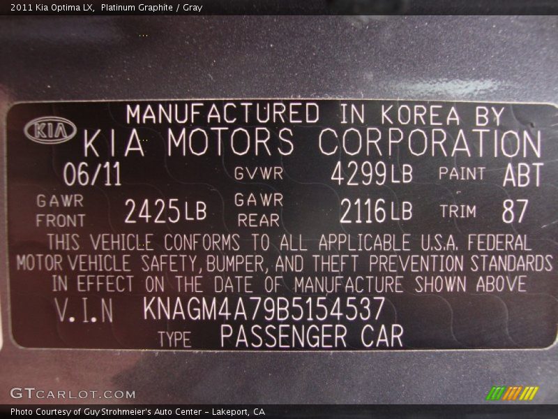 Platinum Graphite / Gray 2011 Kia Optima LX