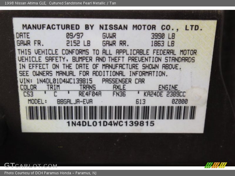 1998 Altima GLE Cultured Sandstone Pearl Metallic Color Code CS3