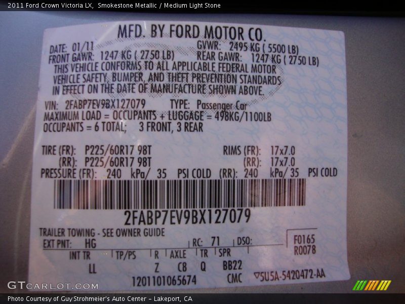 2011 Crown Victoria LX Smokestone Metallic Color Code HG