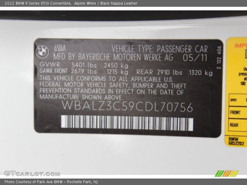 Info Tag of 2012 6 Series 650i Convertible