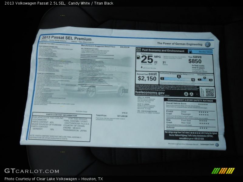  2013 Passat 2.5L SEL Window Sticker