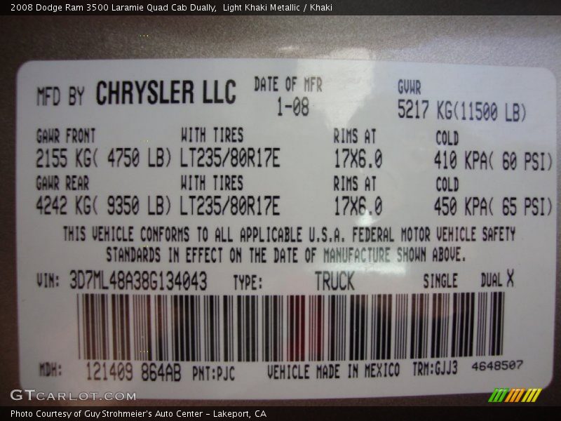 2008 Ram 3500 Laramie Quad Cab Dually Light Khaki Metallic Color Code PJC