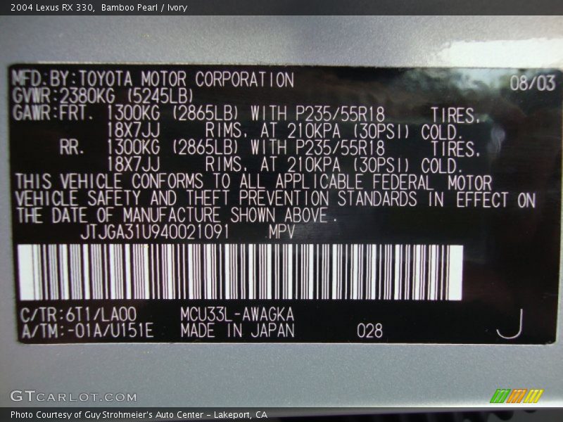Bamboo Pearl / Ivory 2004 Lexus RX 330