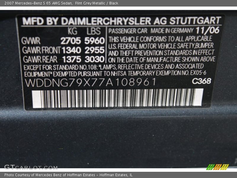 2007 S 65 AMG Sedan Flint Grey Metallic Color Code 368