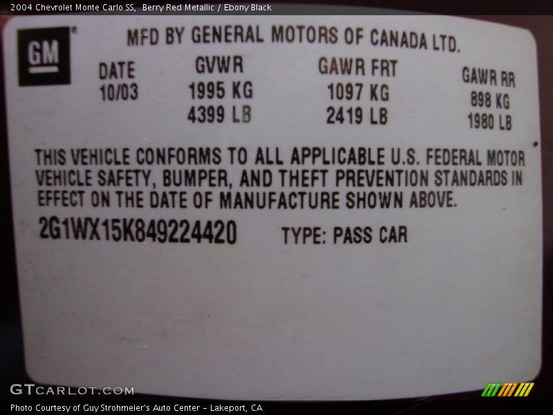 Info Tag of 2004 Monte Carlo SS