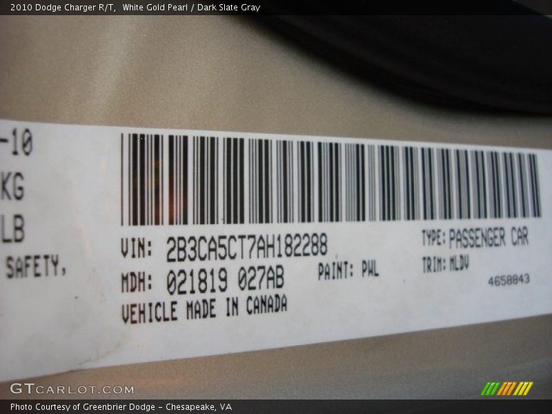 White Gold Pearl / Dark Slate Gray 2010 Dodge Charger R/T
