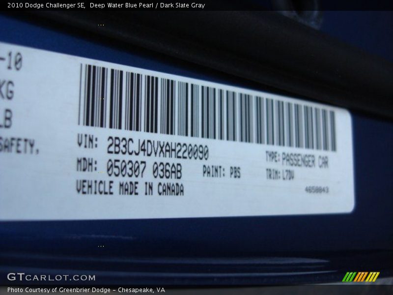 Deep Water Blue Pearl / Dark Slate Gray 2010 Dodge Challenger SE