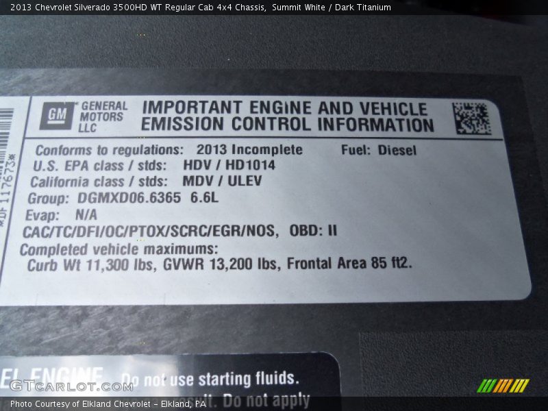 Info Tag of 2013 Silverado 3500HD WT Regular Cab 4x4 Chassis