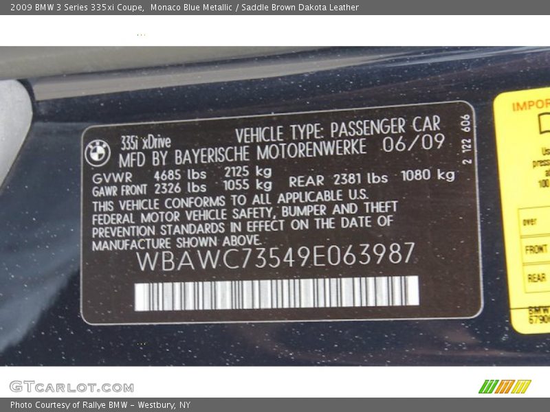 Info Tag of 2009 3 Series 335xi Coupe