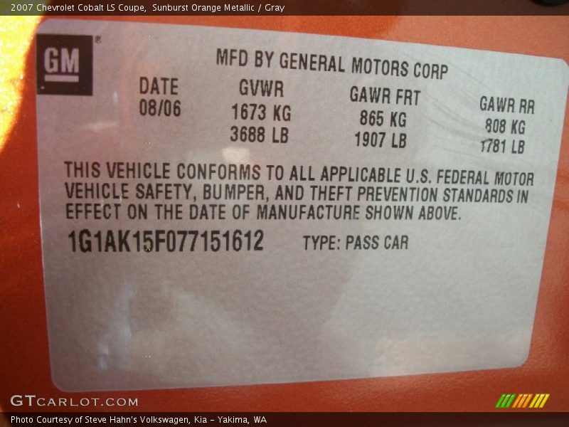 Sunburst Orange Metallic / Gray 2007 Chevrolet Cobalt LS Coupe