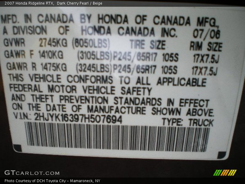 Dark Cherry Pearl / Beige 2007 Honda Ridgeline RTX