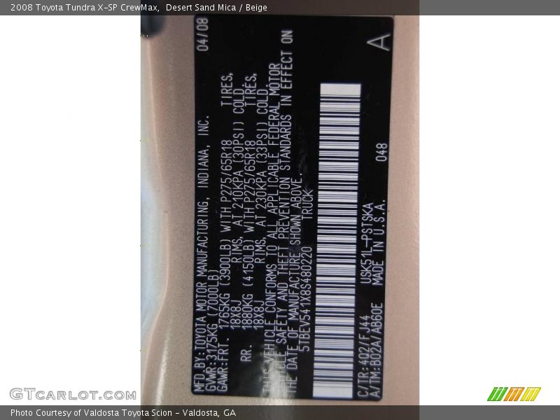 Desert Sand Mica / Beige 2008 Toyota Tundra X-SP CrewMax
