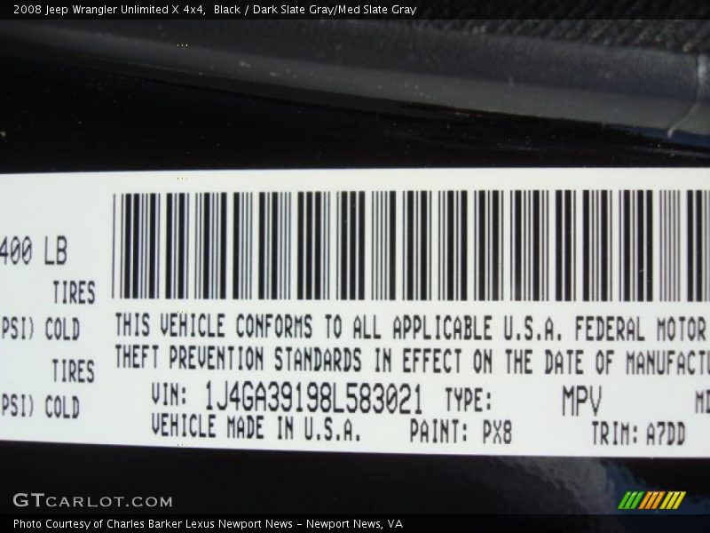 2008 Wrangler Unlimited X 4x4 Black Color Code PX8