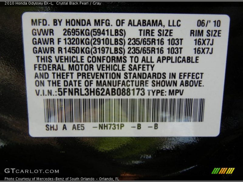 Crystal Black Pearl / Gray 2010 Honda Odyssey EX-L