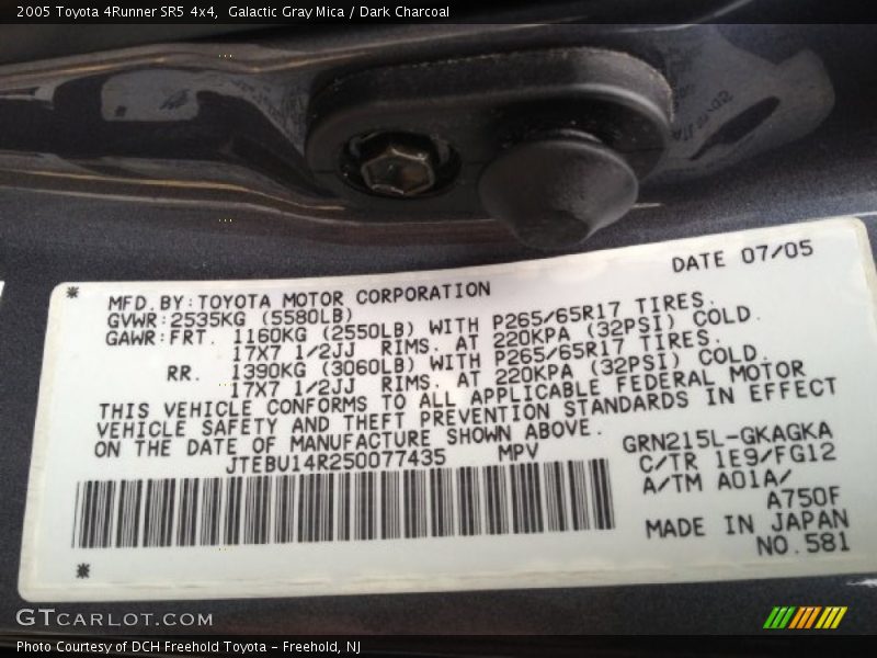 Galactic Gray Mica / Dark Charcoal 2005 Toyota 4Runner SR5 4x4