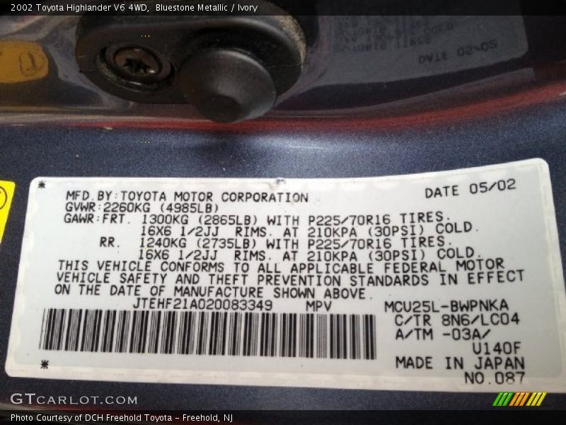 2002 Highlander V6 4WD Bluestone Metallic Color Code 8N6