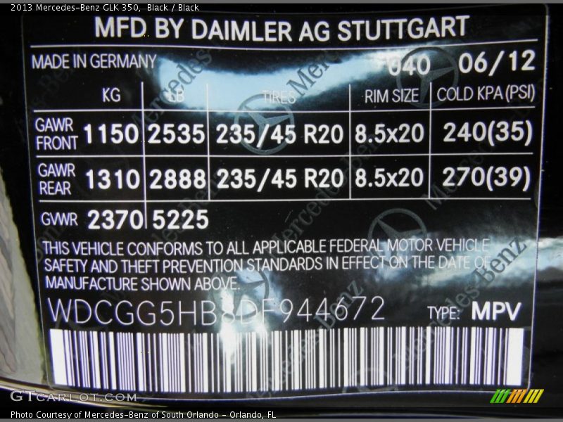 2013 GLK 350 Black Color Code 040