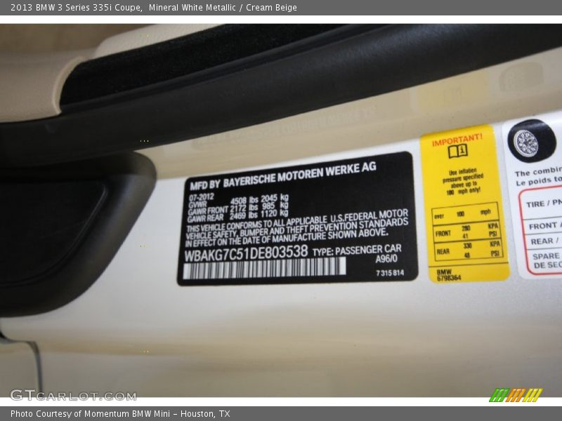 Mineral White Metallic / Cream Beige 2013 BMW 3 Series 335i Coupe