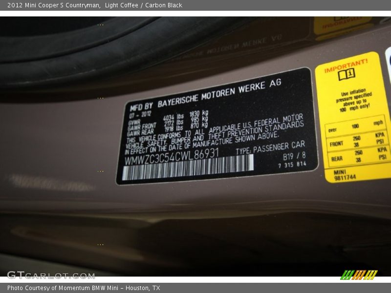 Light Coffee / Carbon Black 2012 Mini Cooper S Countryman