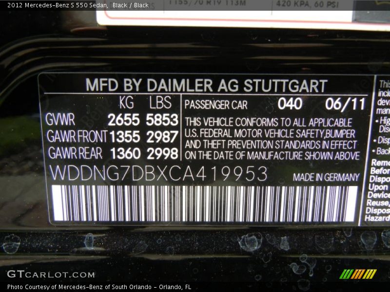 Black / Black 2012 Mercedes-Benz S 550 Sedan