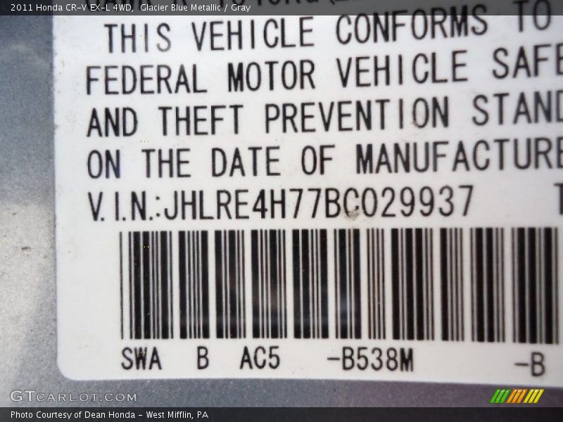 Glacier Blue Metallic / Gray 2011 Honda CR-V EX-L 4WD