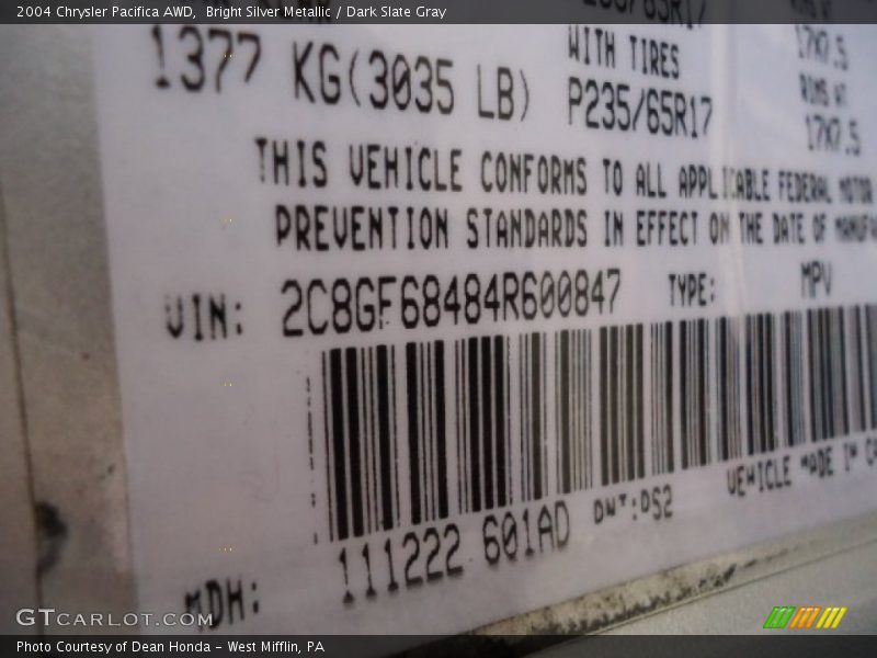 Bright Silver Metallic / Dark Slate Gray 2004 Chrysler Pacifica AWD