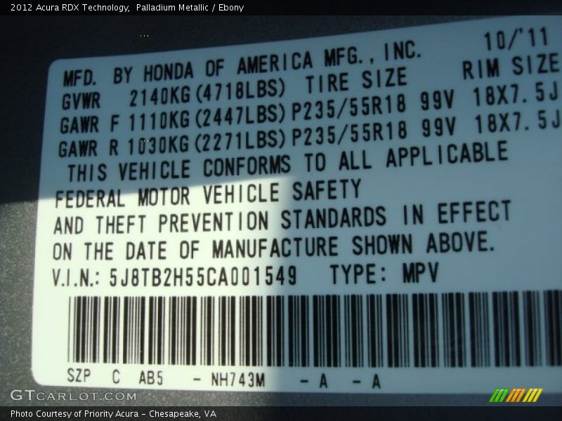 2012 RDX Technology Palladium Metallic Color Code NH743M