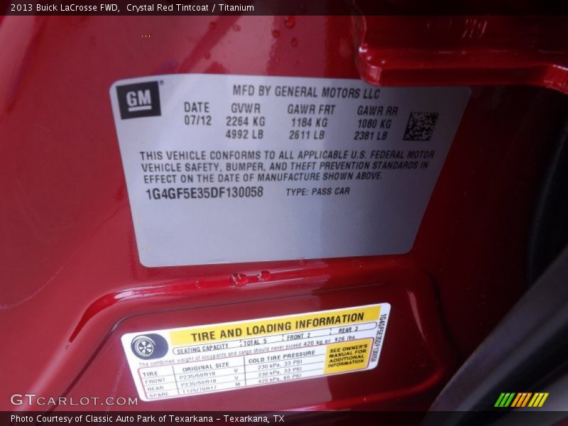 Info Tag of 2013 LaCrosse FWD