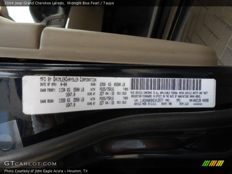 2004 Grand Cherokee Laredo Midnight Blue Pearl Color Code PB8