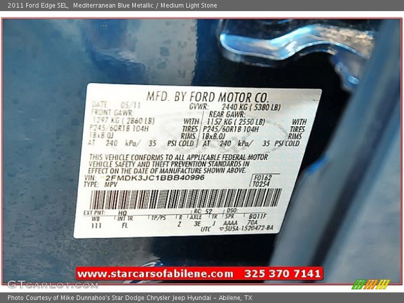 Mediterranean Blue Metallic / Medium Light Stone 2011 Ford Edge SEL