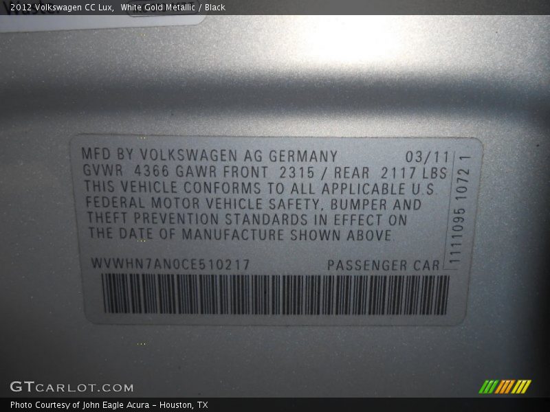 White Gold Metallic / Black 2012 Volkswagen CC Lux