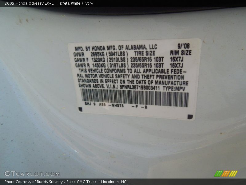 Taffeta White / Ivory 2009 Honda Odyssey EX-L