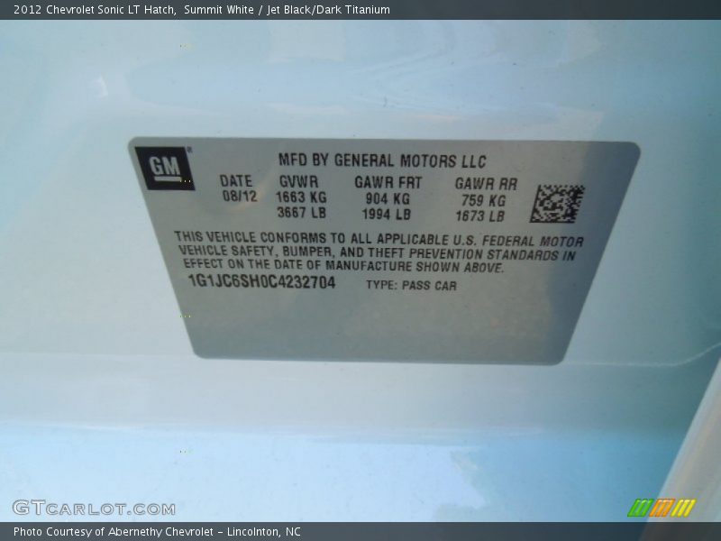 Summit White / Jet Black/Dark Titanium 2012 Chevrolet Sonic LT Hatch