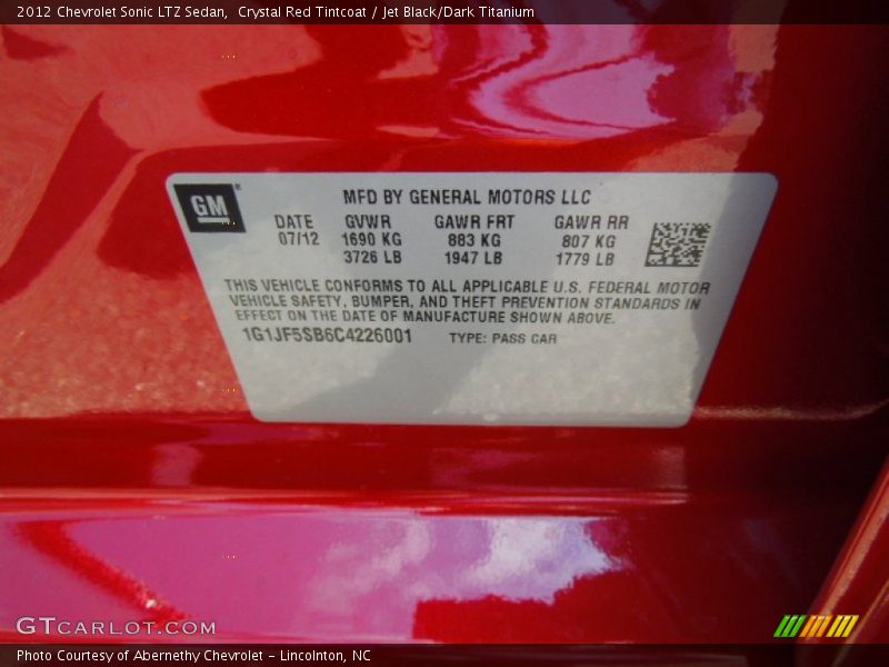 Info Tag of 2012 Sonic LTZ Sedan