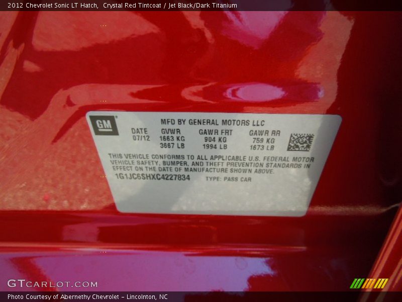 Crystal Red Tintcoat / Jet Black/Dark Titanium 2012 Chevrolet Sonic LT Hatch