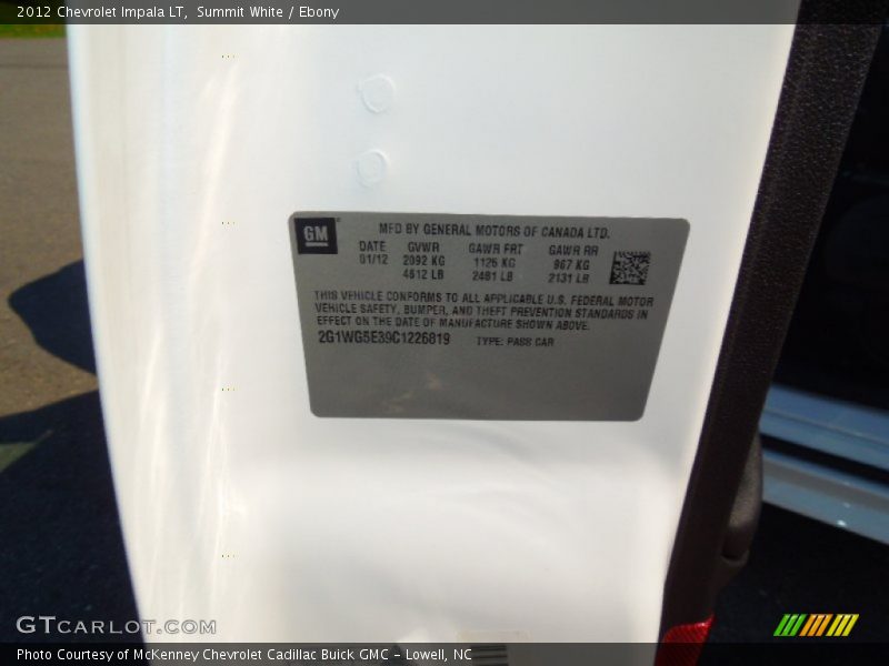 Summit White / Ebony 2012 Chevrolet Impala LT