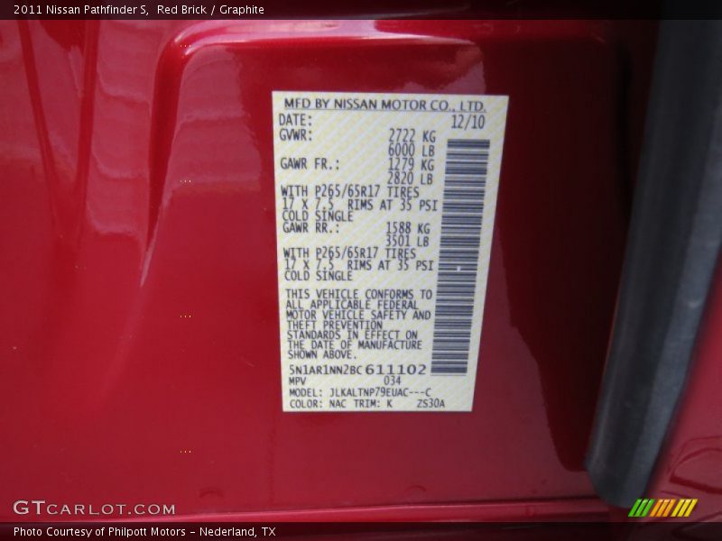 Red Brick / Graphite 2011 Nissan Pathfinder S
